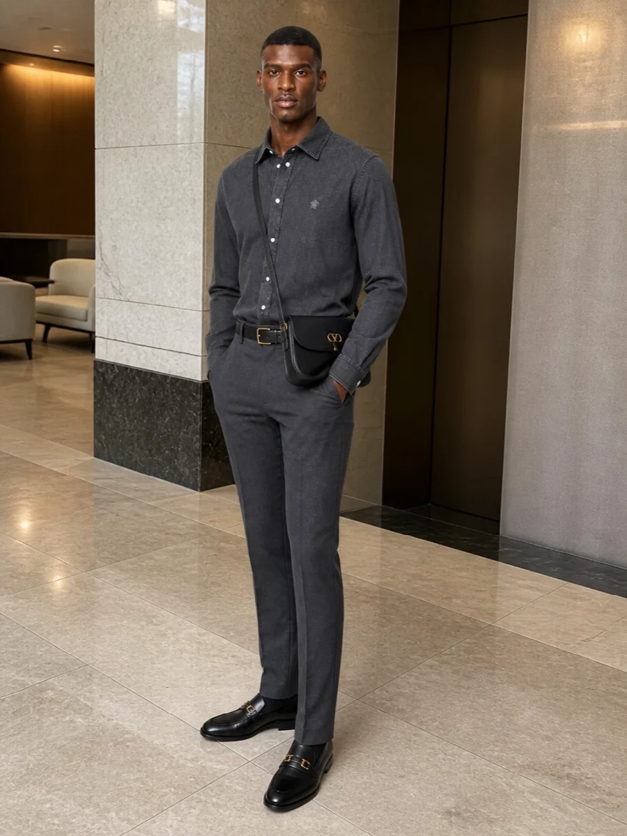 Versace charcoal denim shirt grey tailored trousers