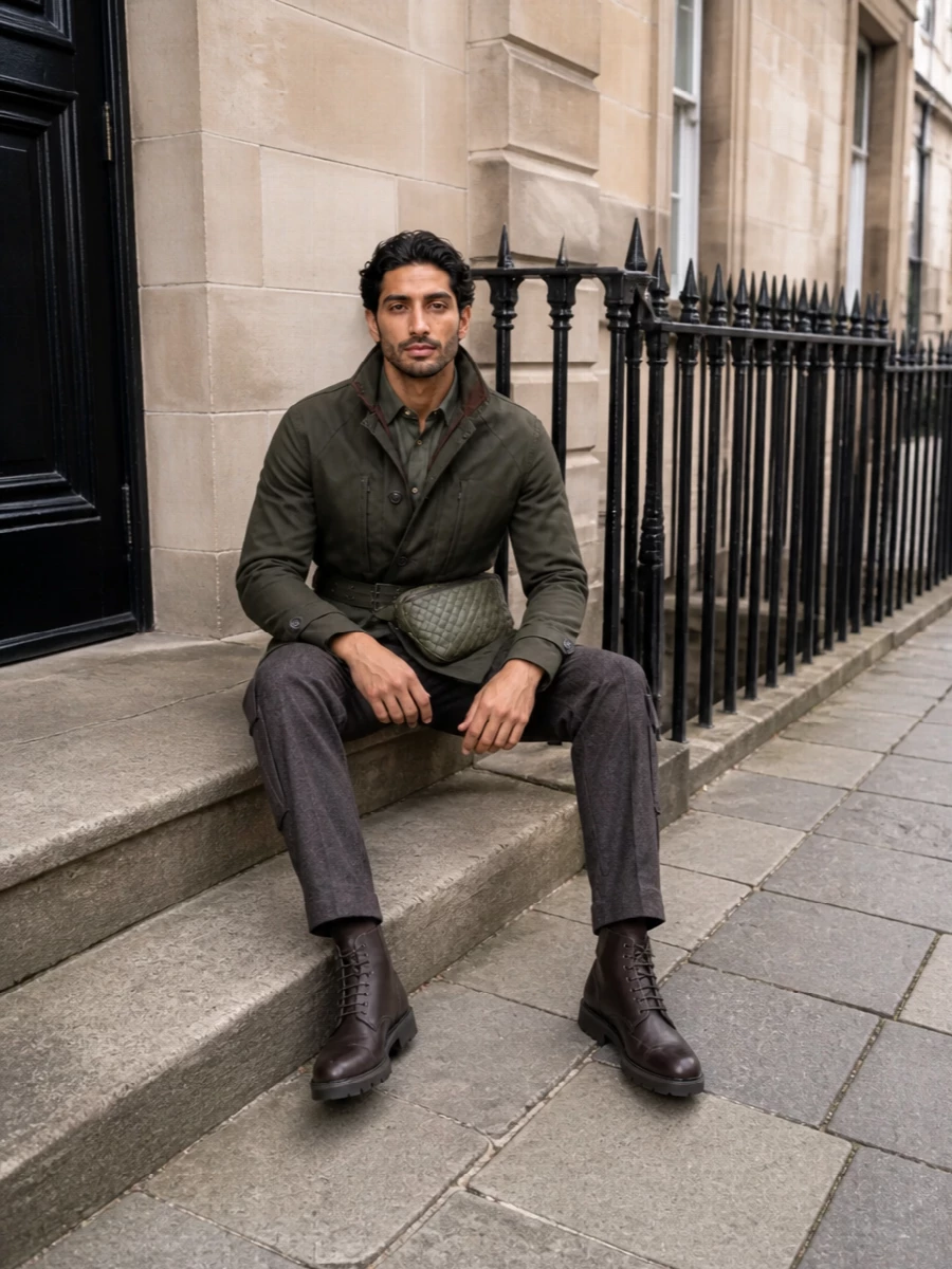 Brunello cucinelli field coat cargo pants boots