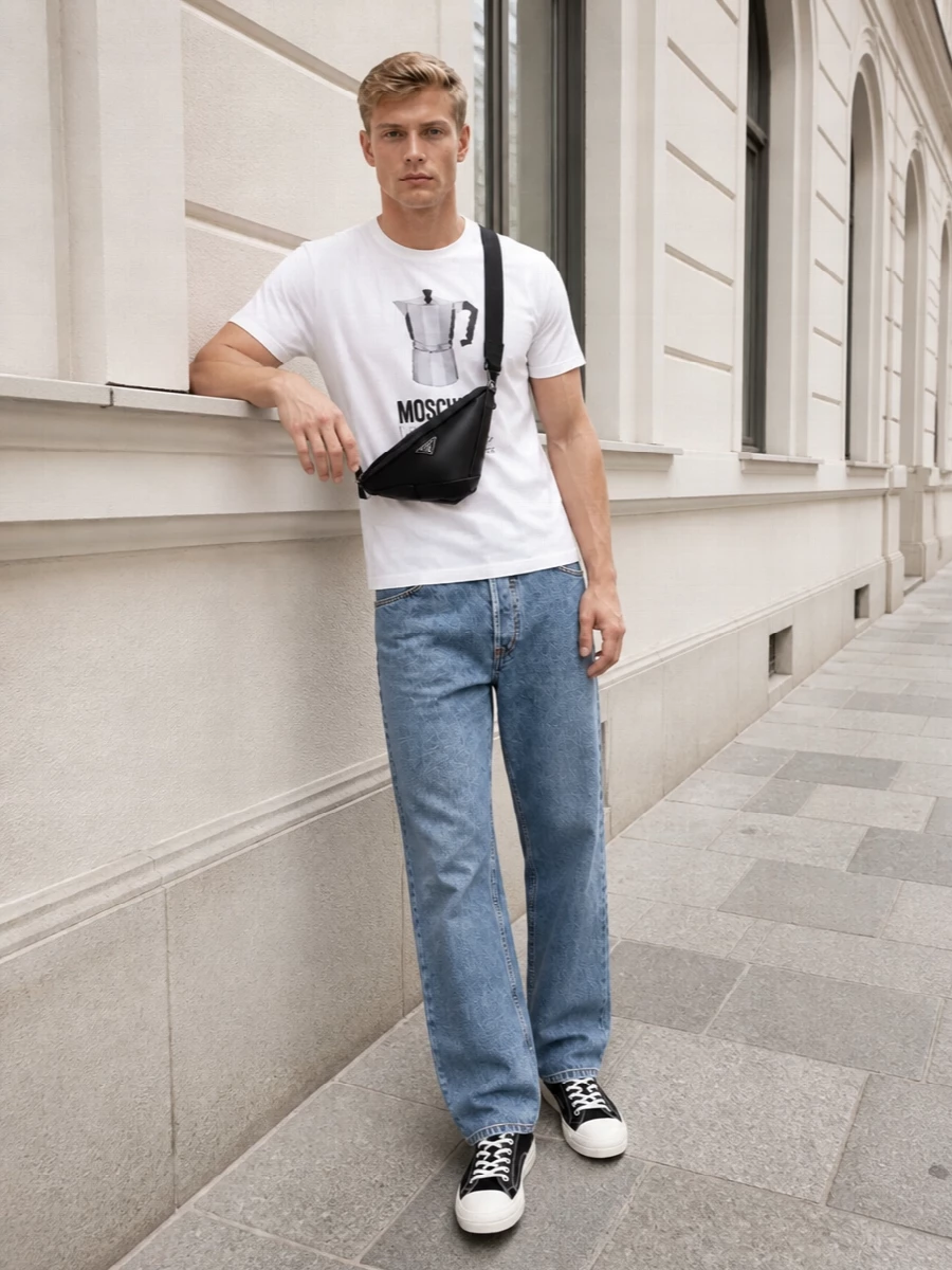 Moschino graphic tee jeans prada crossbody