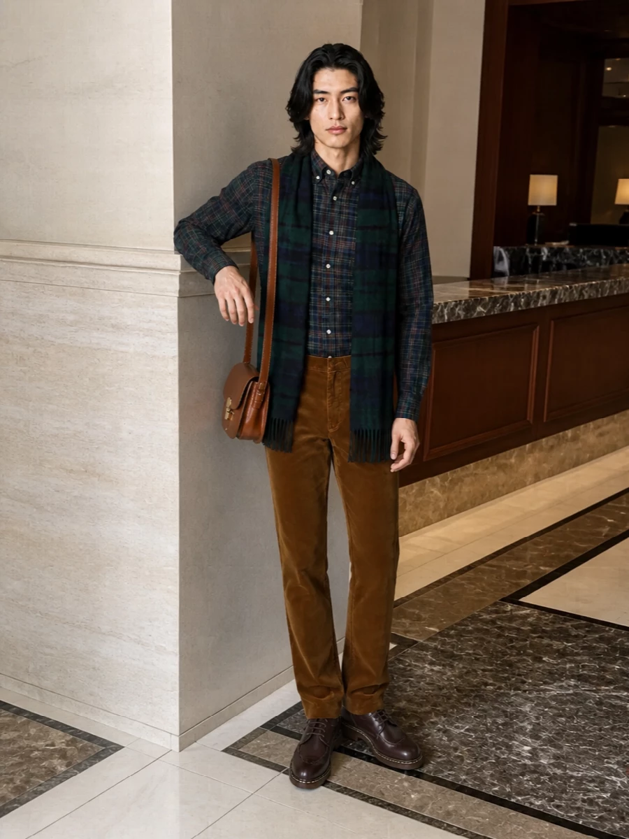 Polo plaid shirt corduroy trousers paraboot derby