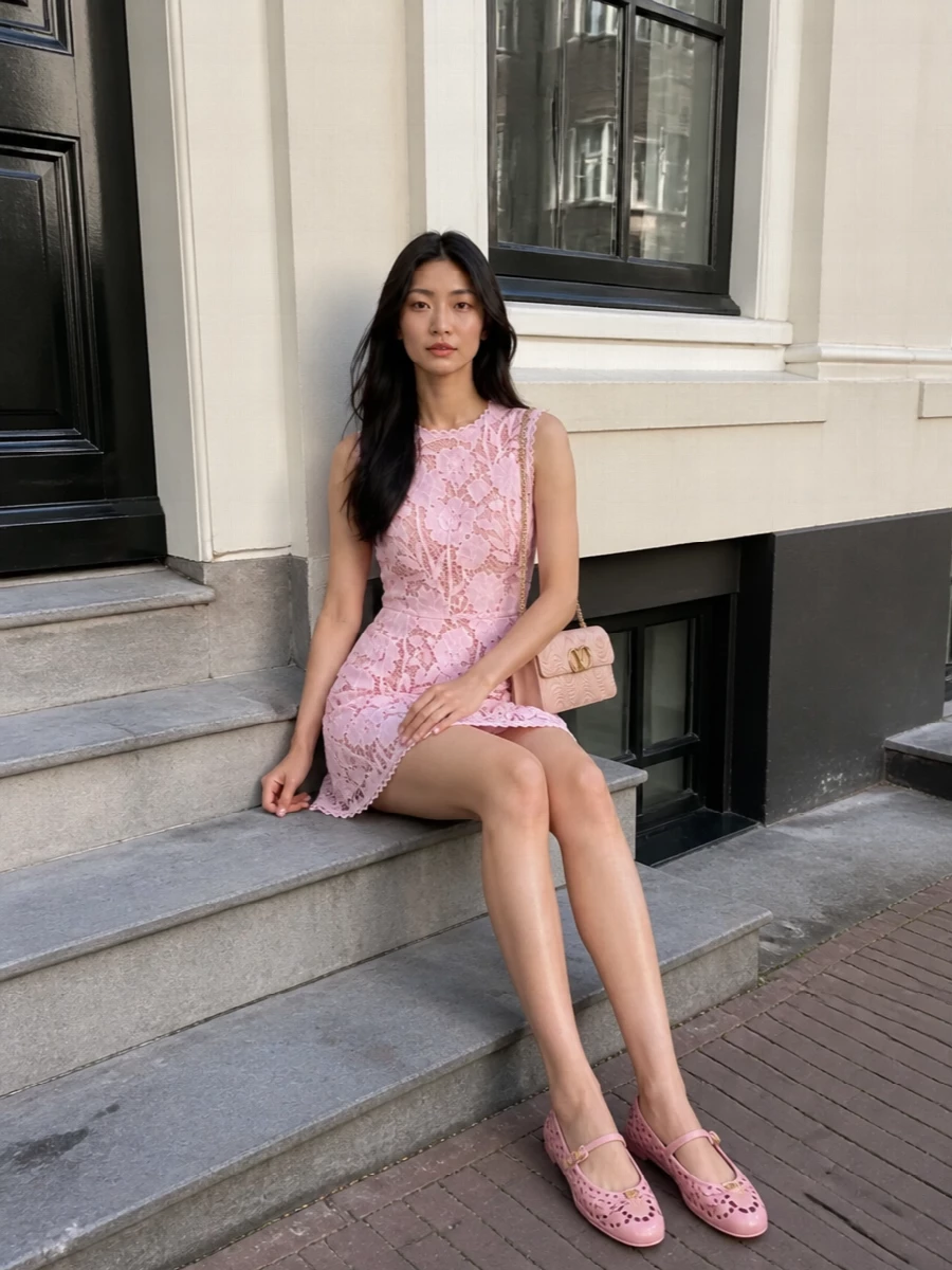 The blush lace mini dress and soft pink Valentino flats create a sweet, romantic pairing that feels playful yet composed for cocktails or parties. Staying in the dress route keeps the silhouette clean and lets the intricate textures and soft pink story stay coherent from head to toe.
