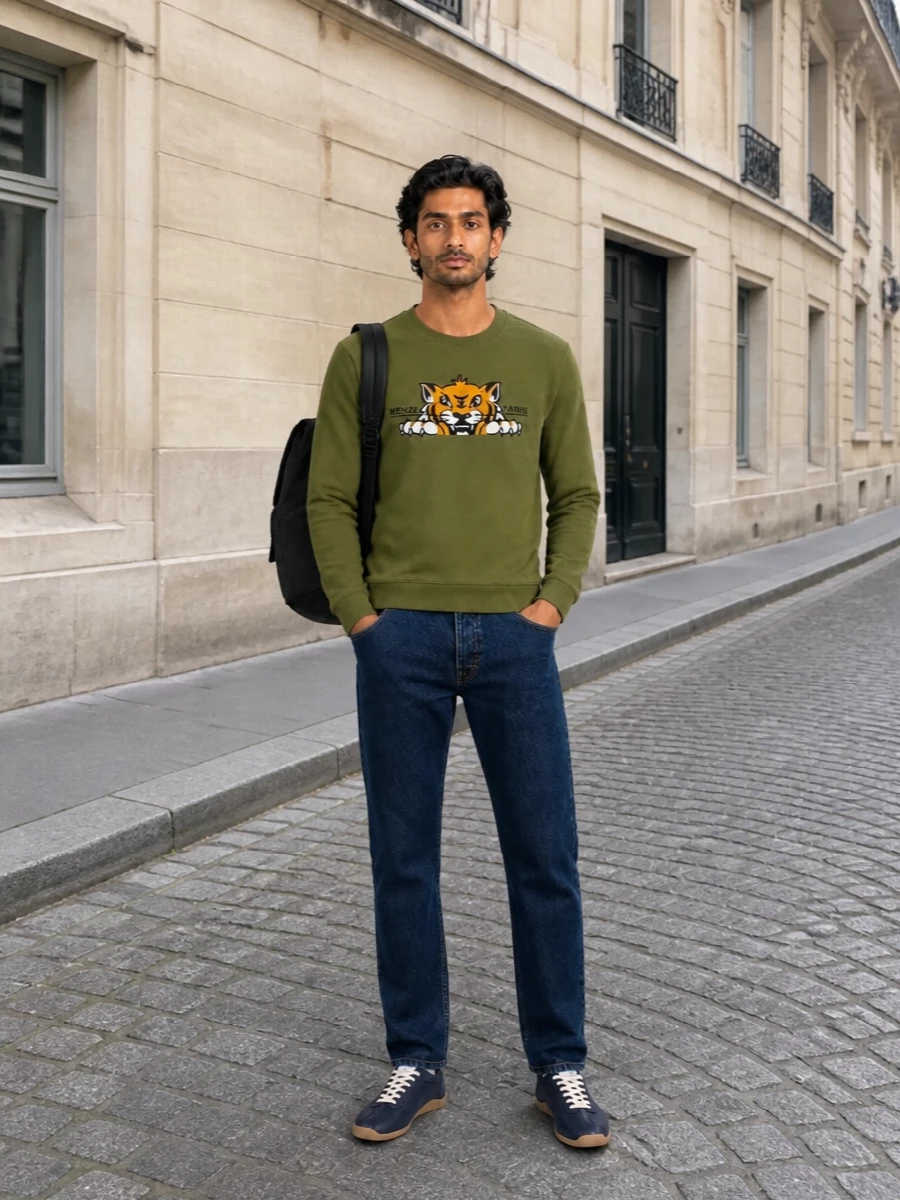 Kenzo tiger sweatshirt dark jeans sneakers
