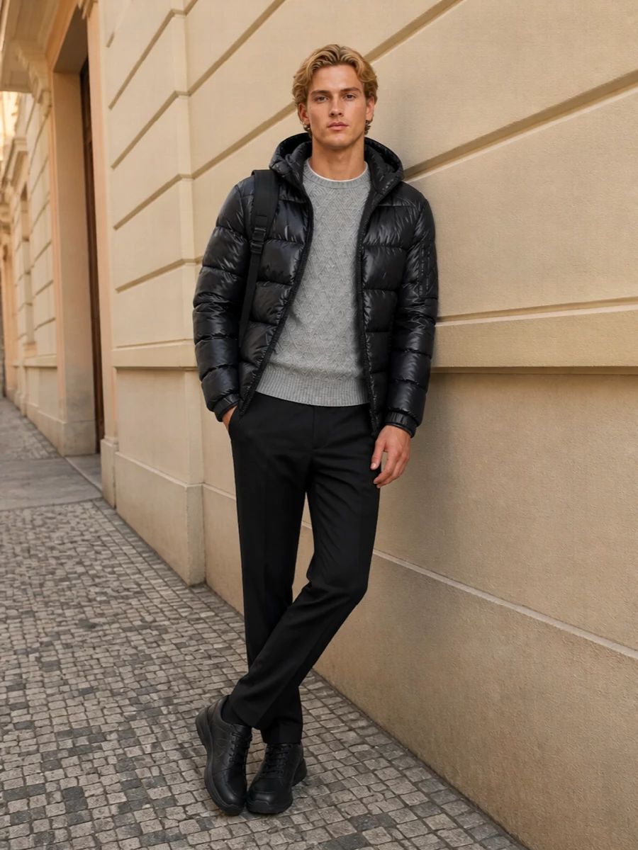 Herno puffer tailored trousers black sneakers