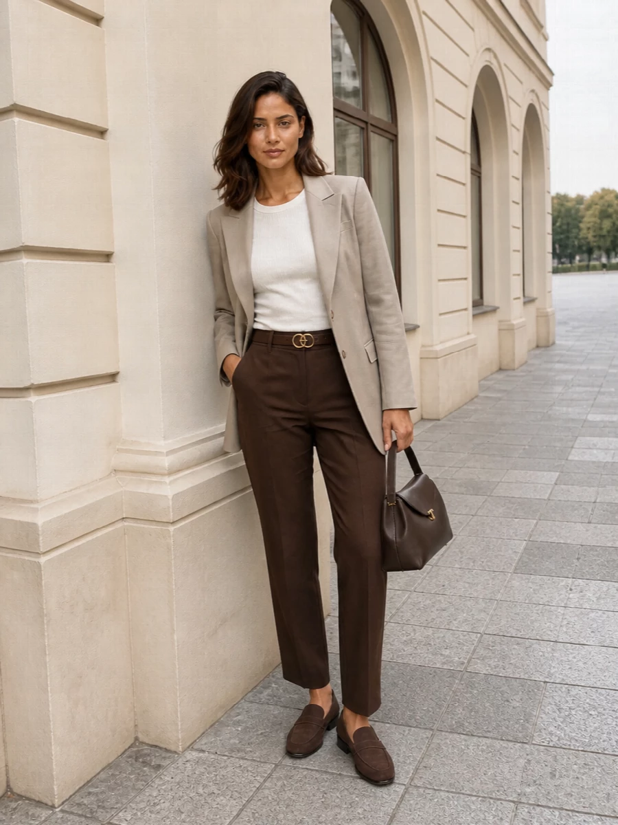 Rich chocolate tailoring meets soft taupe in a quietly structured pairing that feels sharp enough for serious meetings yet relaxed enough for dinner after. Tonal loafers and a sculpted top-handle keep the line continuous, while the slim belt simply sharpens the mid-rise and lets the long, straight leg do the work.