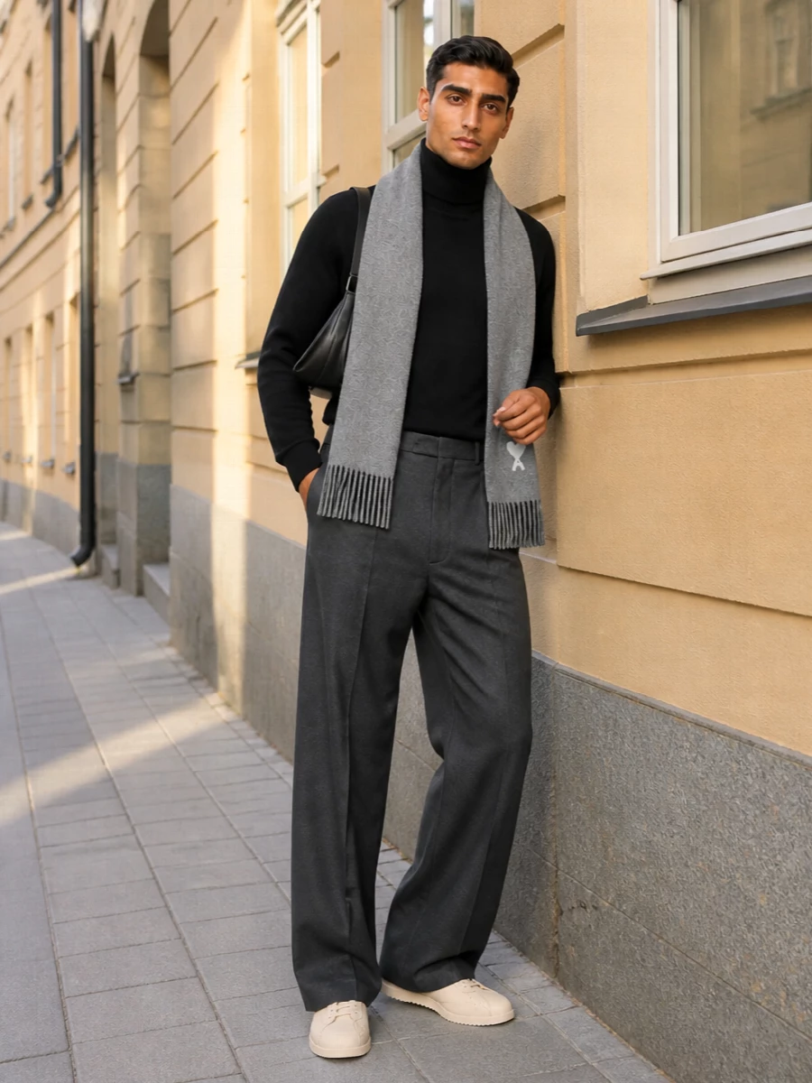Ami paris turtleneck wide leg trousers sneakers