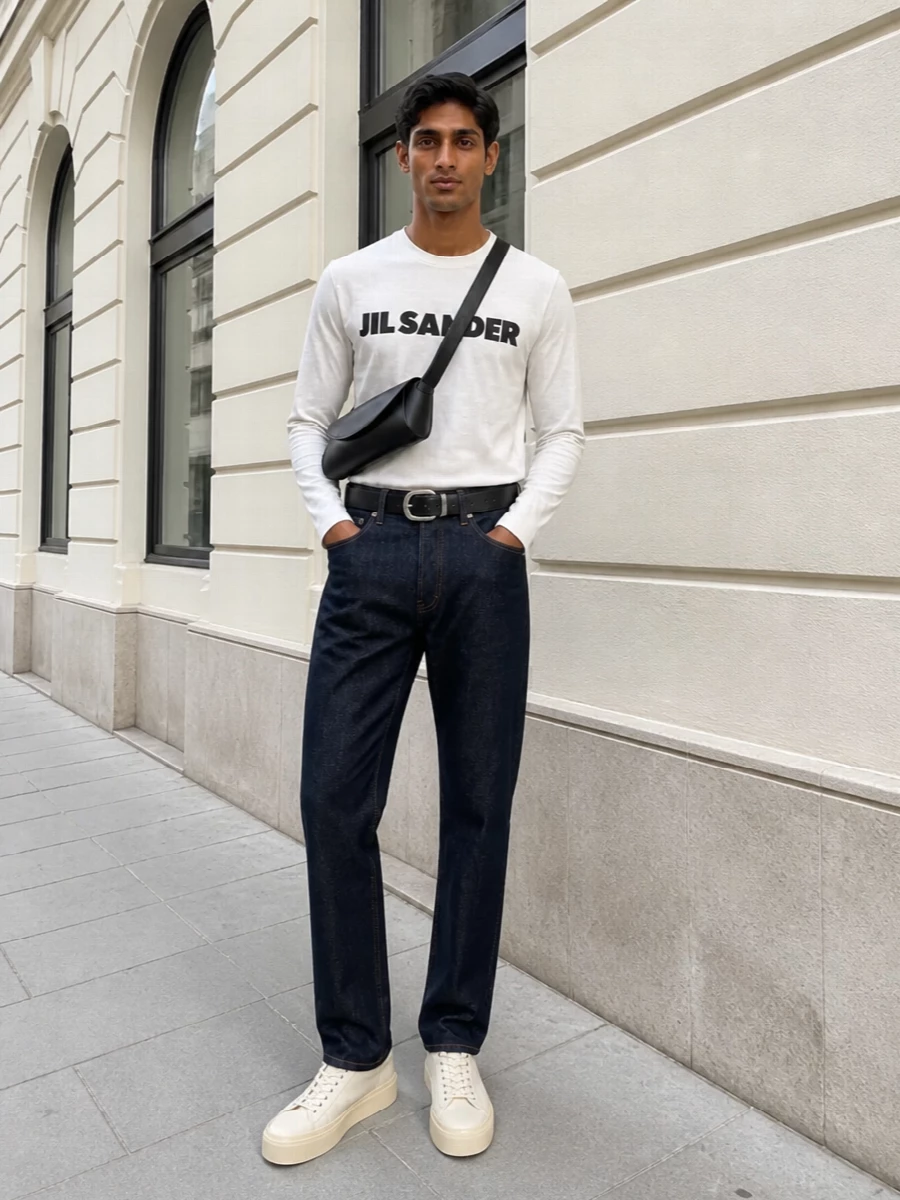 An off white logo tee meets dark indigo straight denim for a clean, graphic city uniform that feels easy but fully considered. Creamy, sculptural sneakers keep the palette soft while a black crescent bag and wide black belt echo the logo, giving the whole combination a calm, architectural edge.