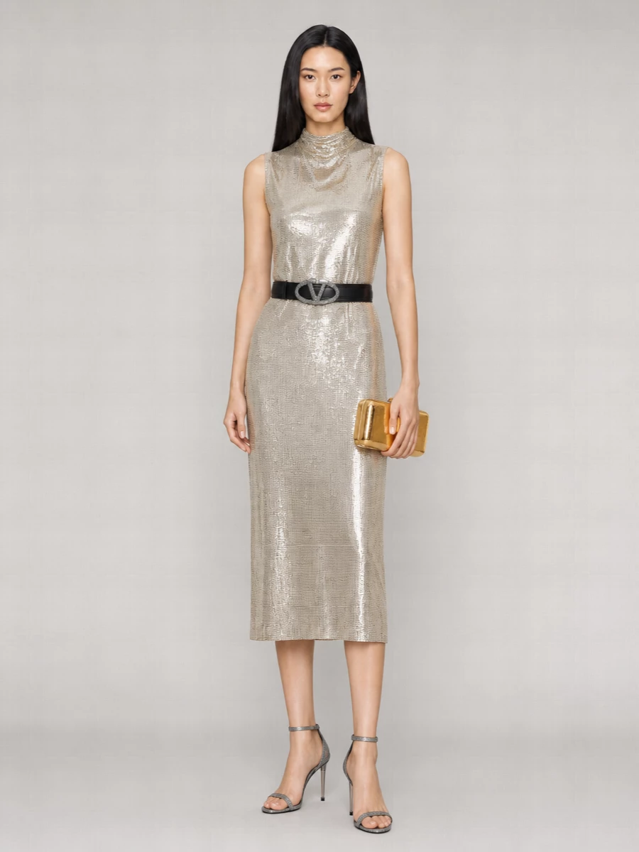 Sportmax Metallic-Knit Short-Sleeve High-Neck Mini Dress