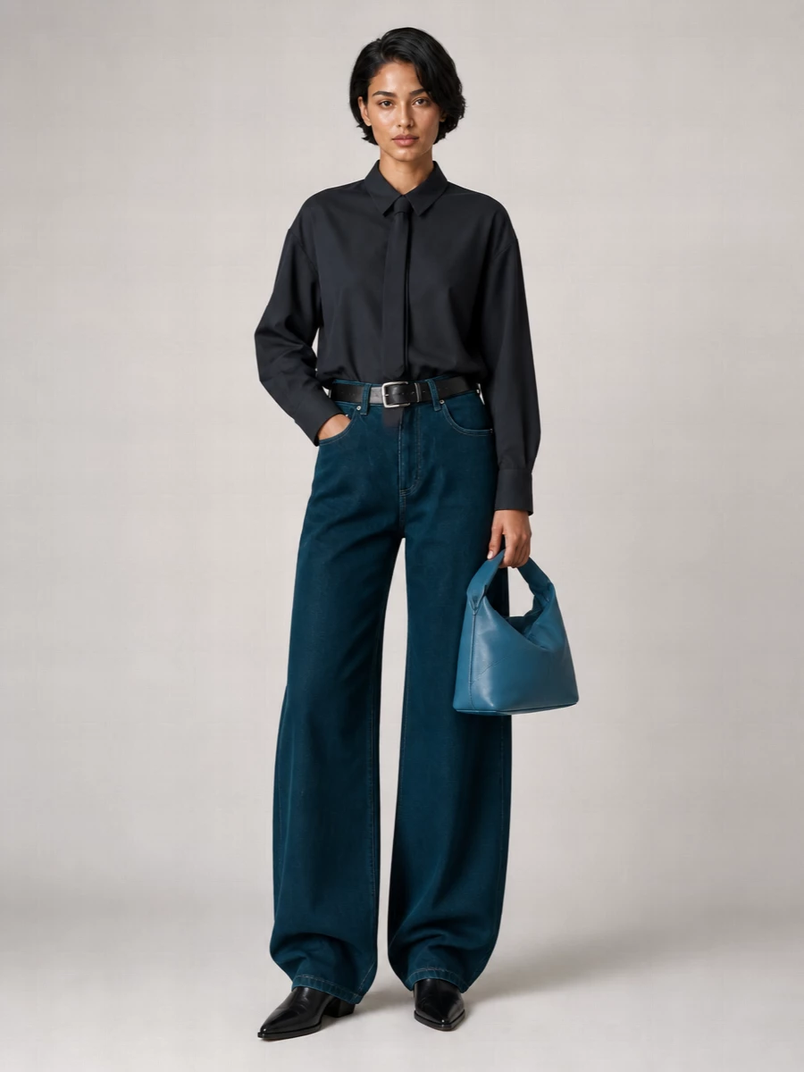 Deep teal volume anchors a dark, fluid shirt for a minimalist take on streetwear that still reads quietly polished. Black pointed boots and a clean belt refine the wide-leg silhouette, while a petrol bucket bag adds a subtle tonal accent that keeps the palette rich and modern. It is a cool-weather uniform that feels relaxed but intentionally constructed from head to toe.