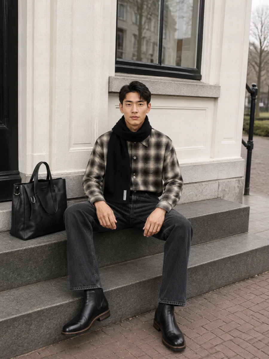 Charcoal checks and washed black denim give this a soft-grunge edge that still feels controlled and precise. The straight, high-waisted jean anchors the hazy shirt, while textured black boots and a clean leather tote keep everything grounded and quietly polished. A graphic black scarf adds winter practicality and just enough contrast around the face.