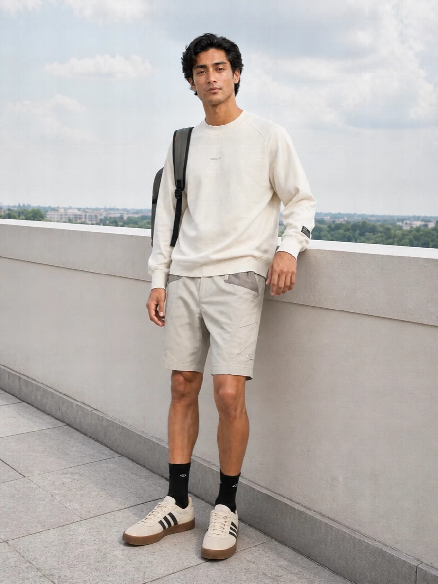 Oakley sweatshirt cargo shorts adidas sneakers