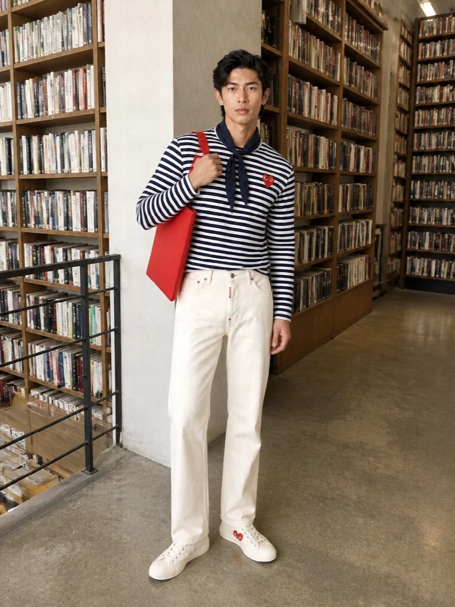 Navy stripes, soft ecru denim and off-white canvas set up a clean French-inflected streetwear combo, with the Play heart and red tote providing the confident hits of color. The proportions stay classic and easy, so the personality comes from the graphics and accessories rather than a tricky silhouette. It is relaxed enough for weekend errands yet sharp enough for a café meetup in the city.