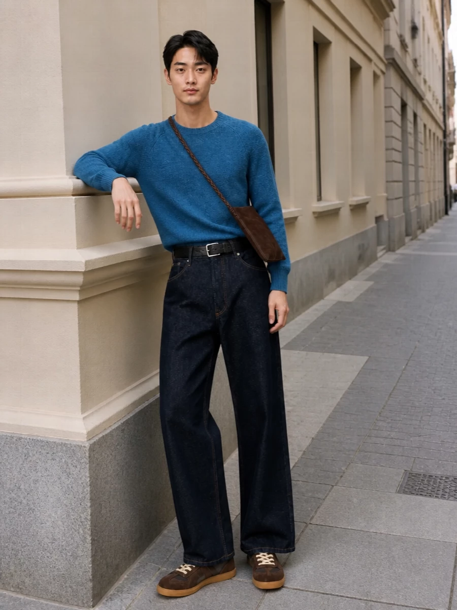 Dark high-waisted denim meets a plush heathered blue knit for a relaxed, composed take on off-duty Dries. Deep brown trainers and a chocolate suede crossbody pick up the jeans’ warm stitching, keeping the palette rich but understated. A clean black belt finishes the waist so the wide leg reads sharp rather than slouchy.