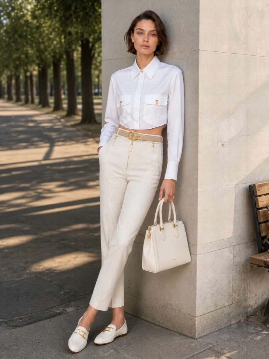 Elisabetta franchi cropped shirt cream trousers
