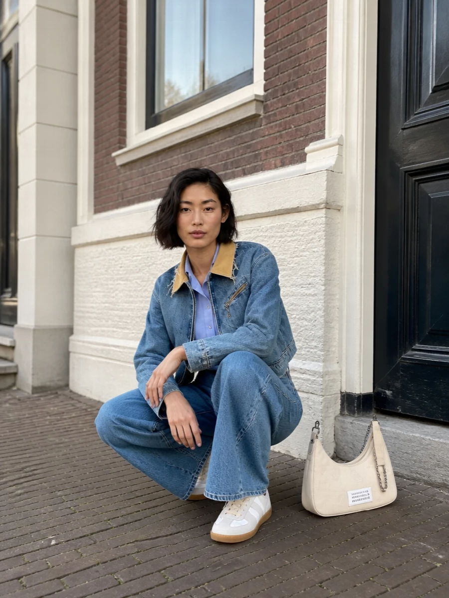 Maison margiela denim jacket wide leg jeans outfit