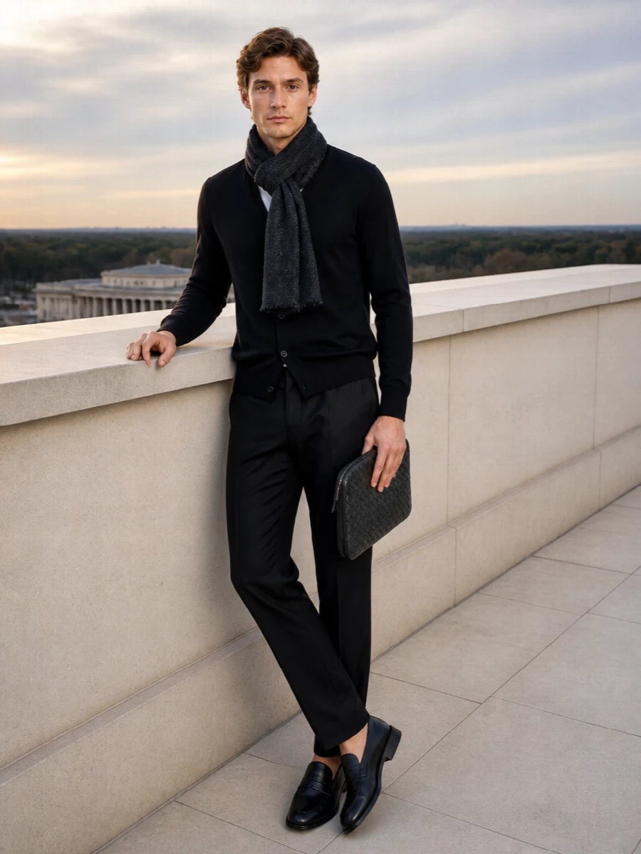 Lardini cardigan black trousers tods loafers
