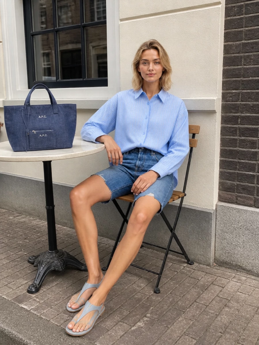 A sky-blue striped oversized shirt half-tucked into mid-indigo knee-length shorts keeps the vibe relaxed yet considered for warm days. Pale-blue minimalist sandals and a structured denim tote keep the palette tight, adding just enough polish for city errands, café meetups, or low-key travel. The proportions feel easy and modern, with the long short and loose shirt working together rather than competing.