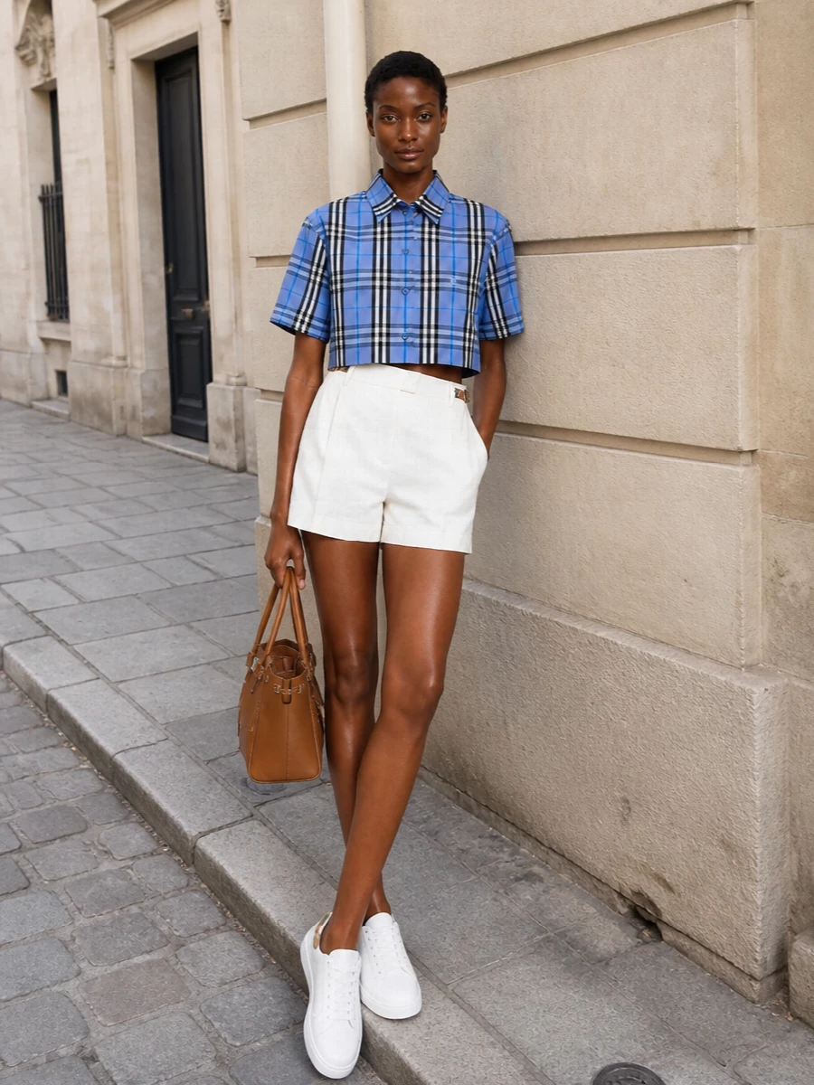 Burberry checked cropped shirt ivory tailored shorts