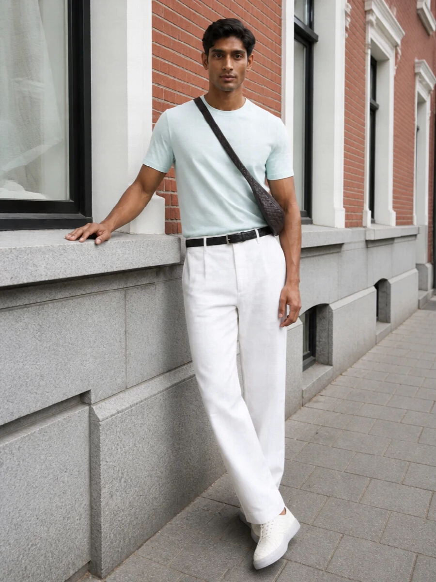 Bottega veneta mint tee white trousers outfit