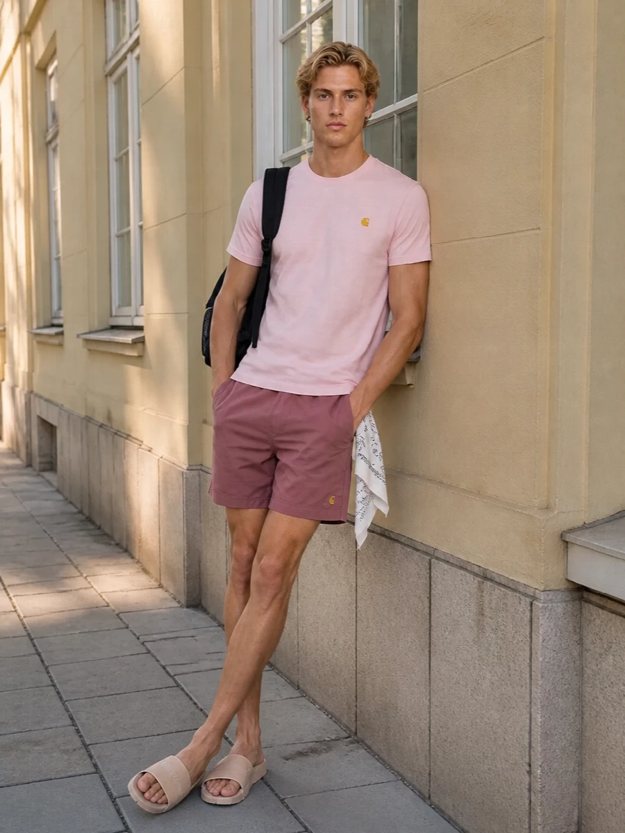 Carhartt wip pink swim shorts off white slides