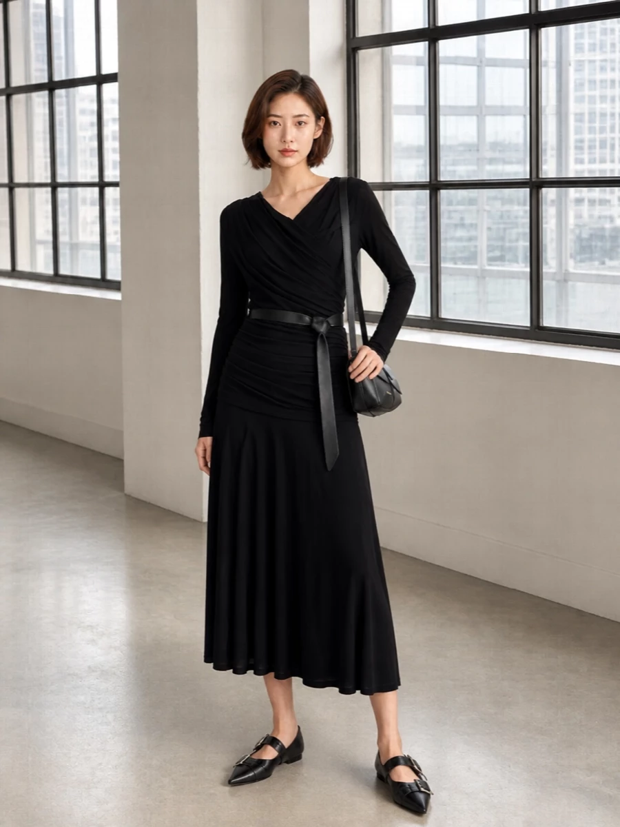 Ganni black midi dress marni bag flats