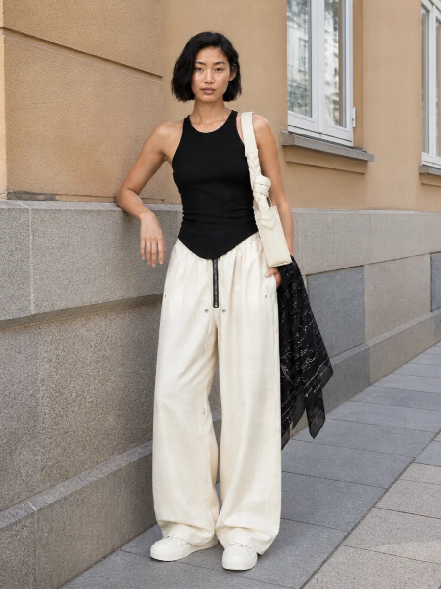 Rick owens wide leg pants black tank sneakers