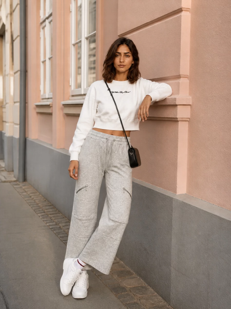Off white grey joggers white sweatshirt outfit