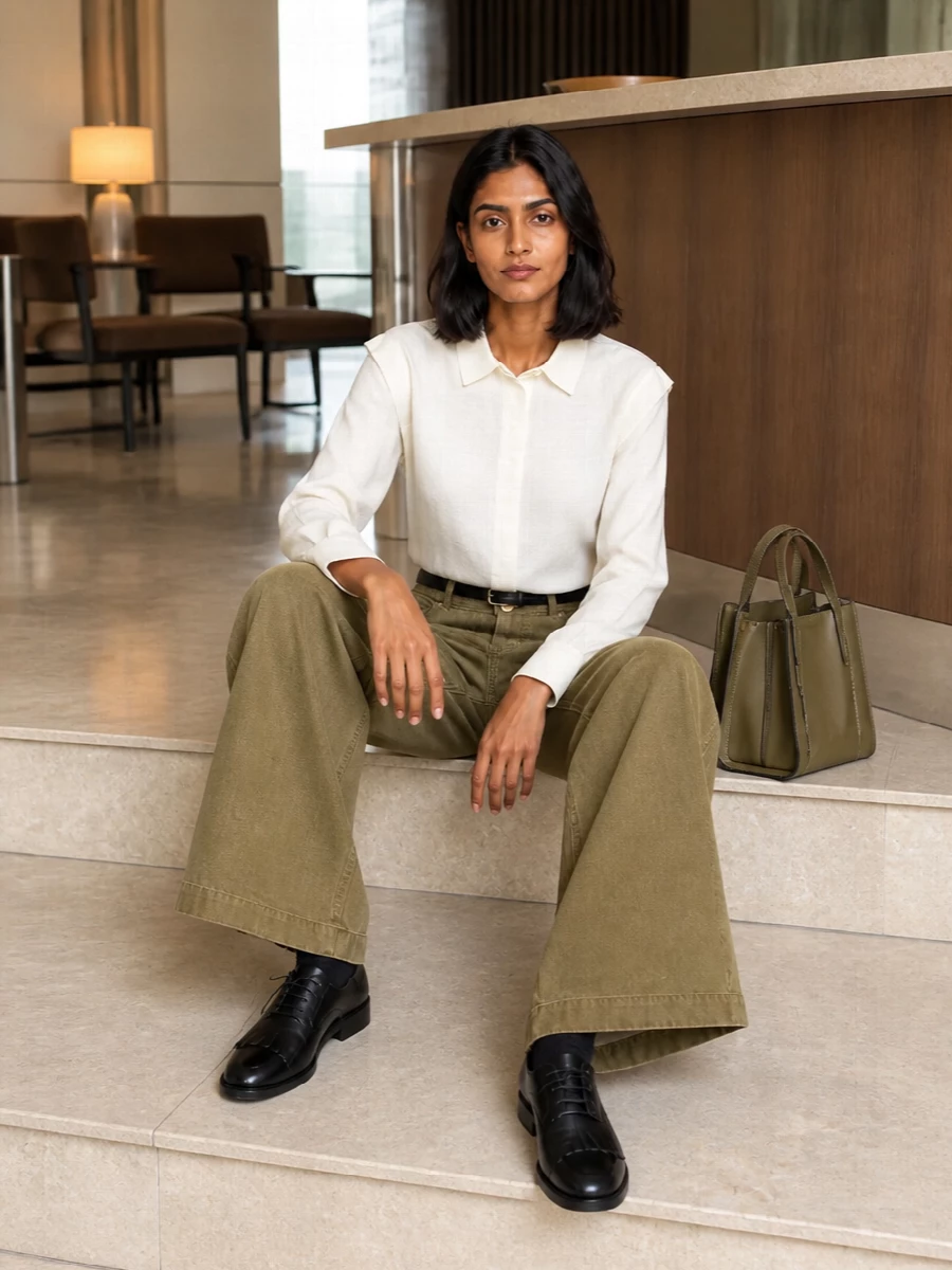 Max mara khaki wide leg trousers ivory shirt