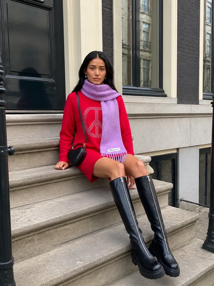Moschino fuchsia sweater dress black boots