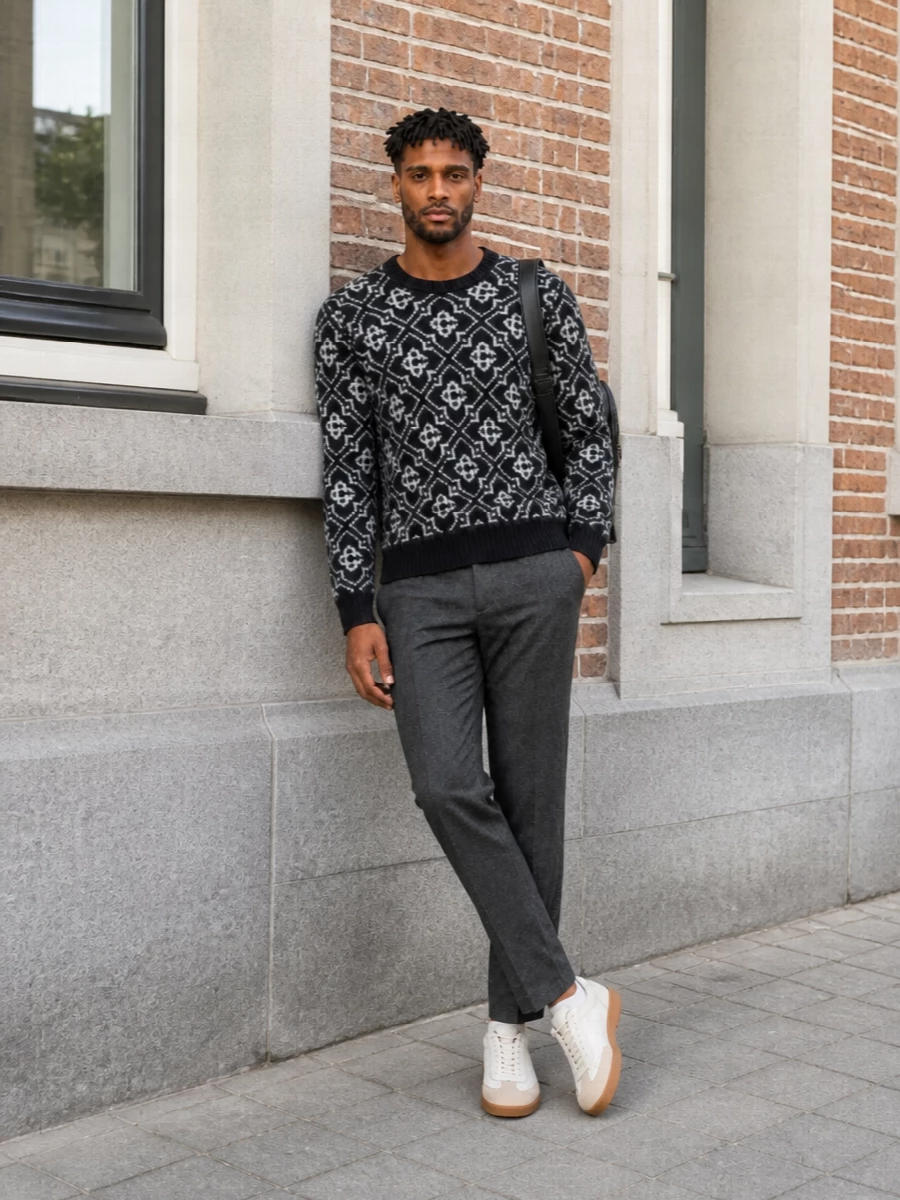 A graphic Casablanca knit sits over sharp charcoal tailoring for a calm, city-ready uniform. The clean trouser line reins in the pattern, while pale court sneakers introduce just enough contrast to keep it modern. A structured leather backpack finishes everything with a quiet, functional polish that works from office hours to weekend wandering.