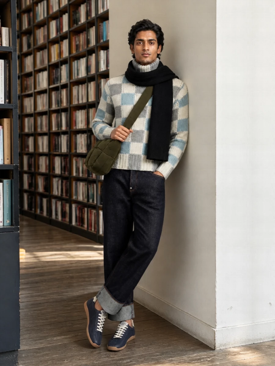Kenzo checked turtleneck raw denim navy sneakers