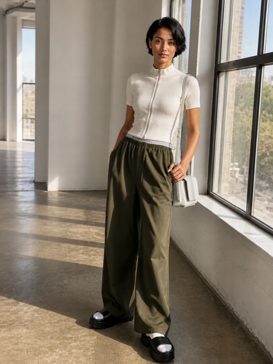 Olive wide-leg track trousers meet a slim ivory zip tee for a clean, sport-inflected base that still feels considered. Black sculpted slides and soft white socks keep the vibe firmly downtown athleisure, while a compact pale-grey shoulder bag adds just enough structure to finish the outfit without breaking the relaxed energy.