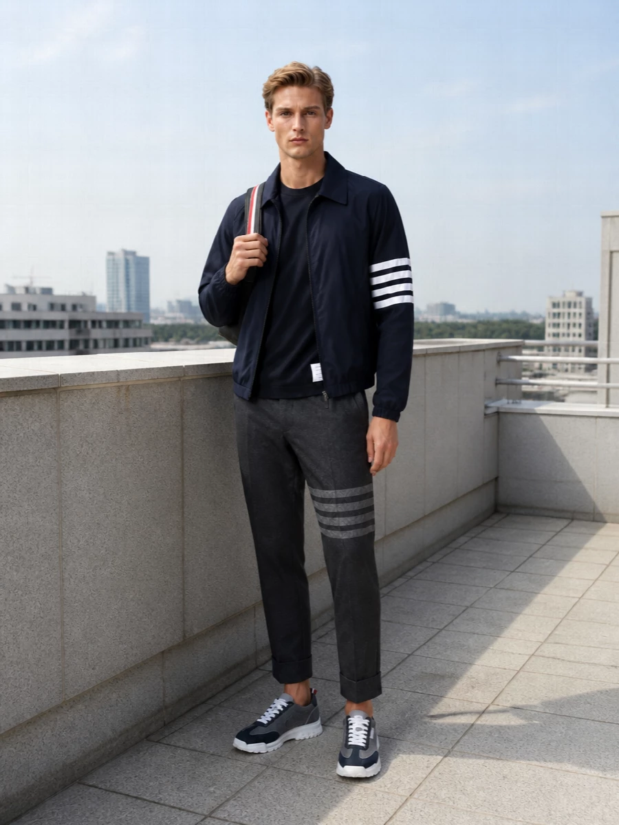 Thom browne navy jacket grey cropped trousers