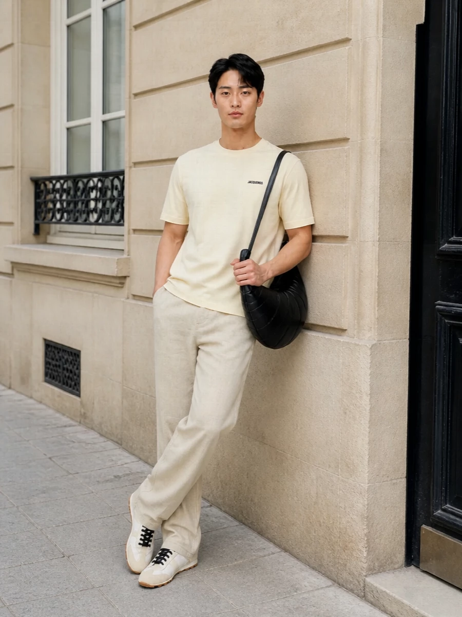 Jacquemus neutral t shirt beige trousers outfit