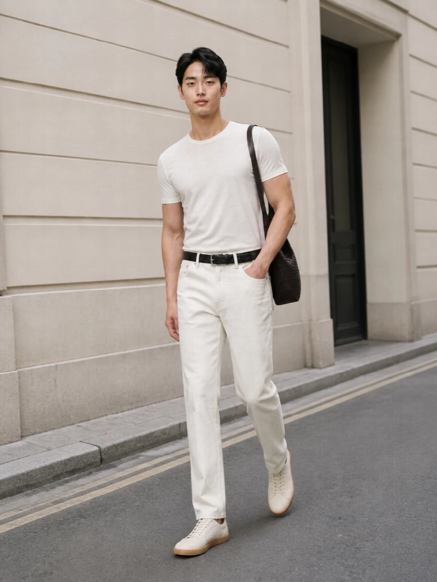An off-white Zegna tee paired with ivory five-pocket trousers creates a serene, tonal base that feels impeccably minimal yet relaxed for spring-summer. Cream leather sneakers keep the line clean and contemporary, while the espresso intrecciato crossbody and subtle black belt introduce just enough depth to ground the palette without disturbing its quiet-luxury ease.
