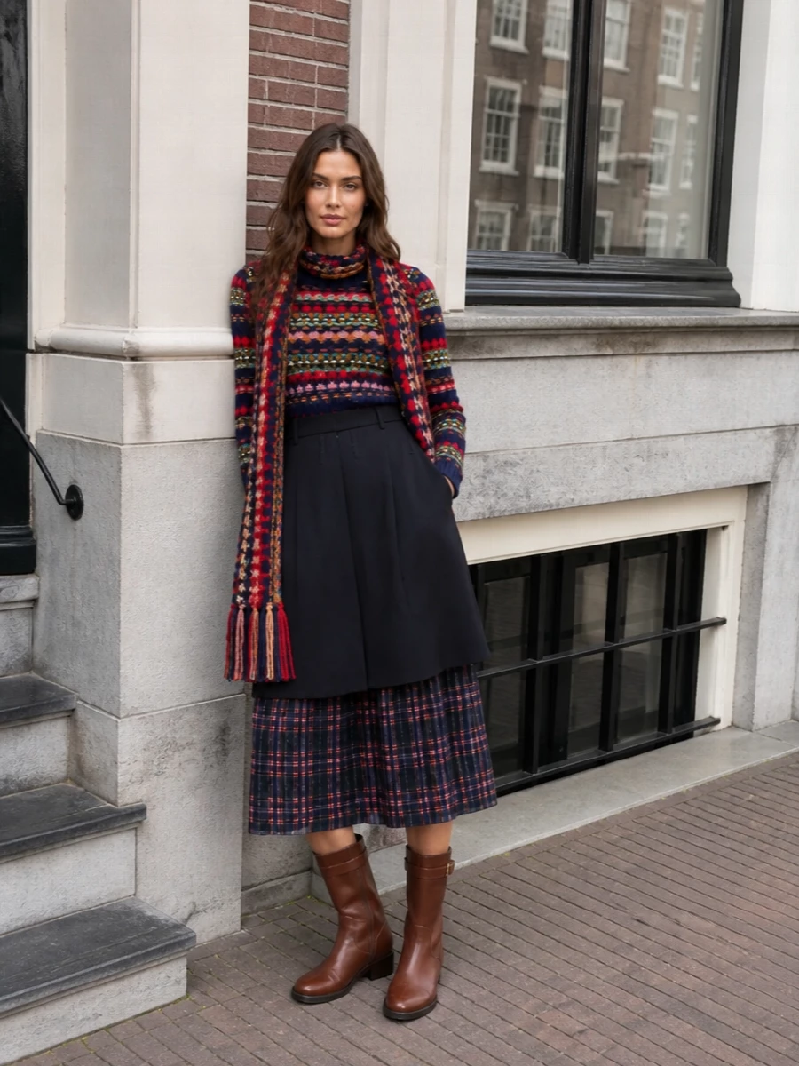 Dries van noten fair isle sweater navy midi skirt
