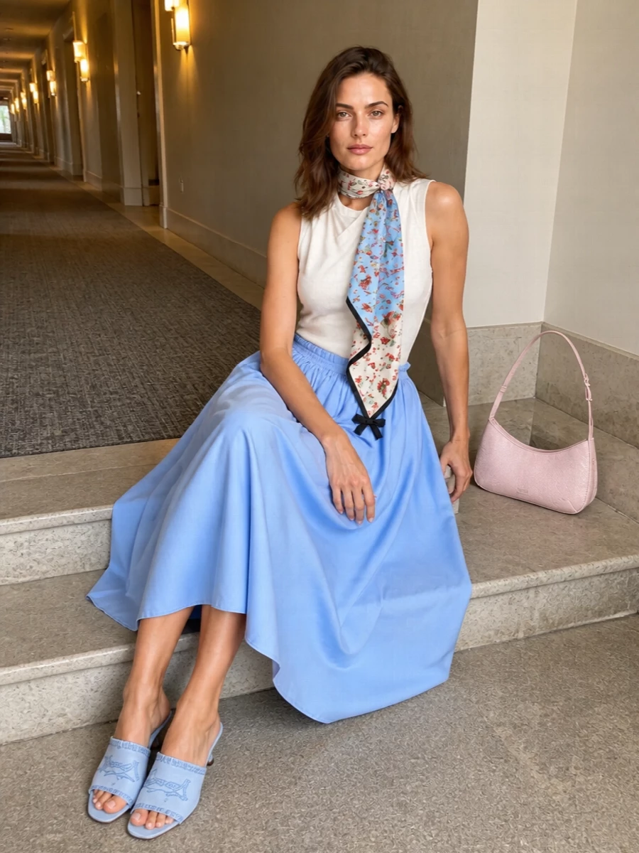 Ami paris blue midi skirt draped ivory top outfit