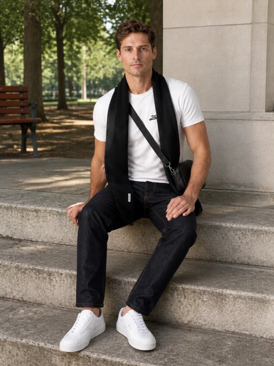 A crisp Lanvin tee sits against dark straight-leg denim for a clean, city-ready base that feels relaxed but intentional. White low-top sneakers keep the palette bright and minimal, while a compact black crossbody and a monochrome scarf introduce subtle texture and structure without diluting the quiet luxury mood.