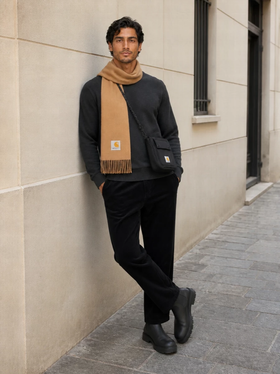 Black corduroy trousers and a charcoal crewneck build a low-key, textured base that feels grounded and straightforward. Sculpted matte black boots sharpen the line, while a compact black crossbody and camel scarf add just enough utility and warmth without breaking the muted palette.