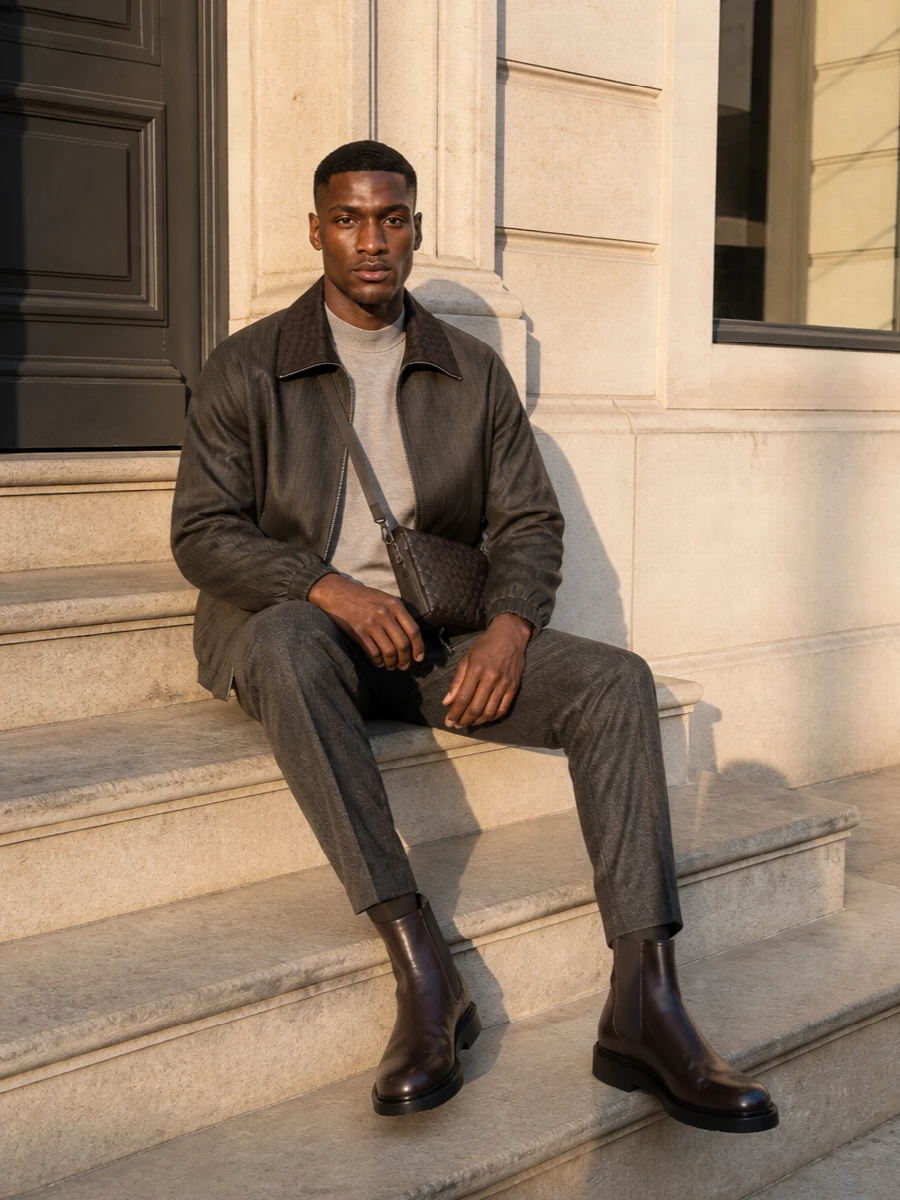 Bottega veneta blouson charcoal trousers outfit