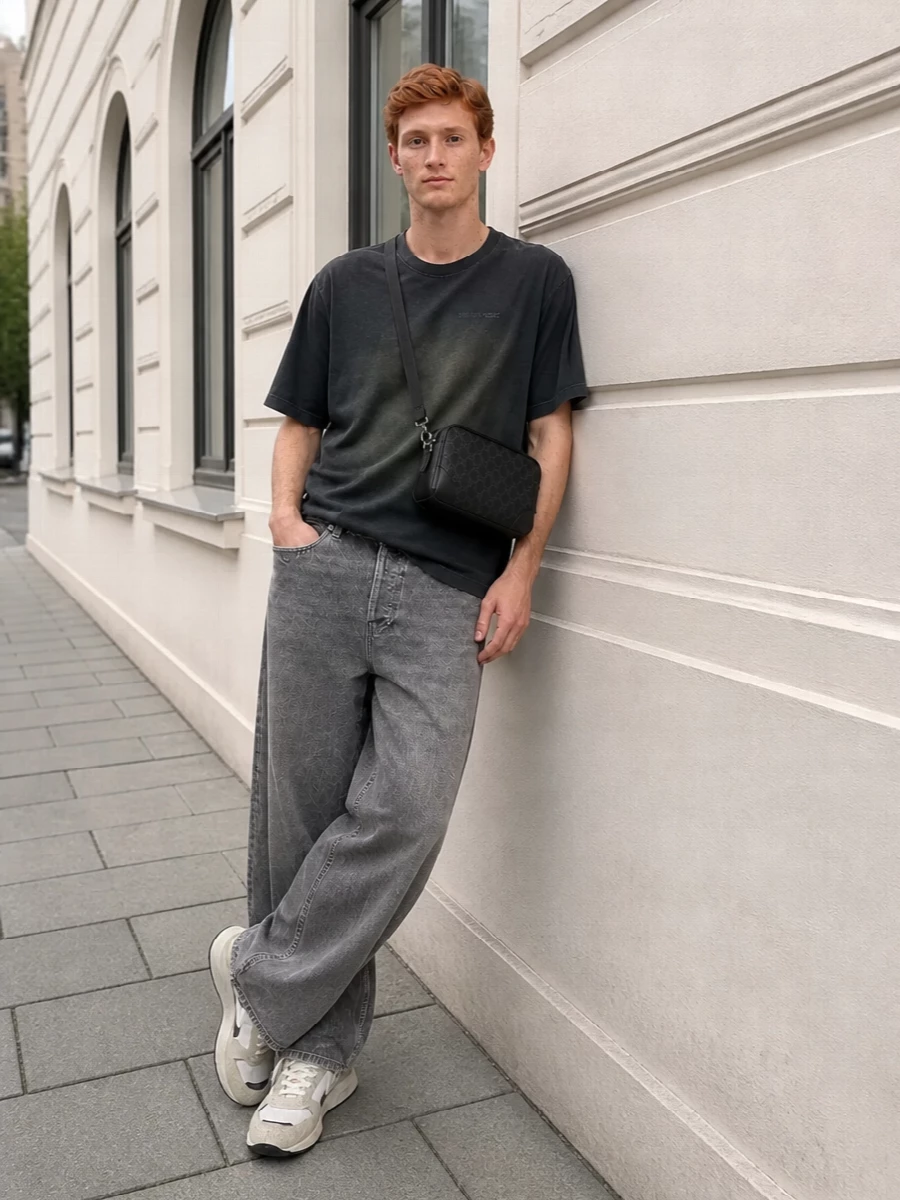 Golden goose grey jeans black tee sneakers
