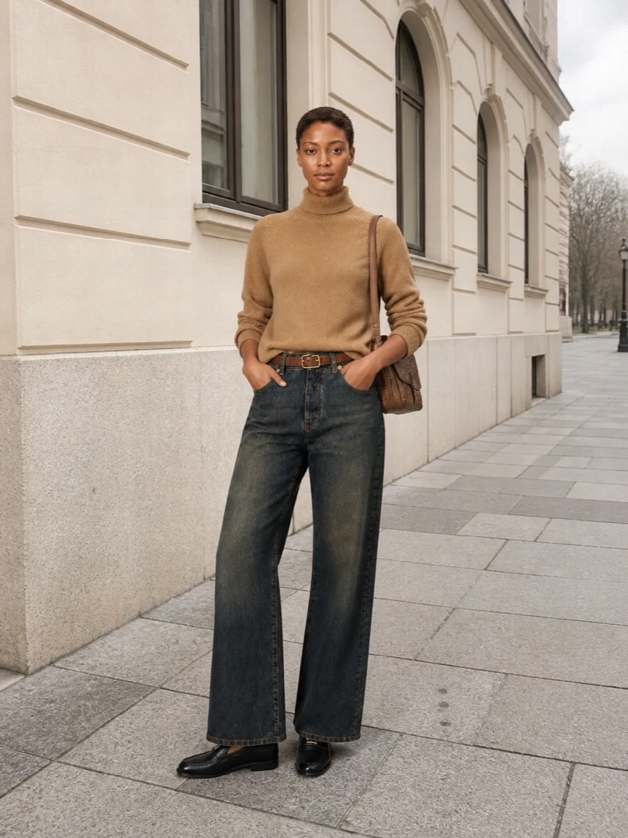 High-waisted wide-leg denim meets a soft camel knit for an easy, confident take on quiet luxury. A tan belt and chestnut baguette draw out the jeans’ warm fade, while black loafers add just enough structure for city days and casual dinners.