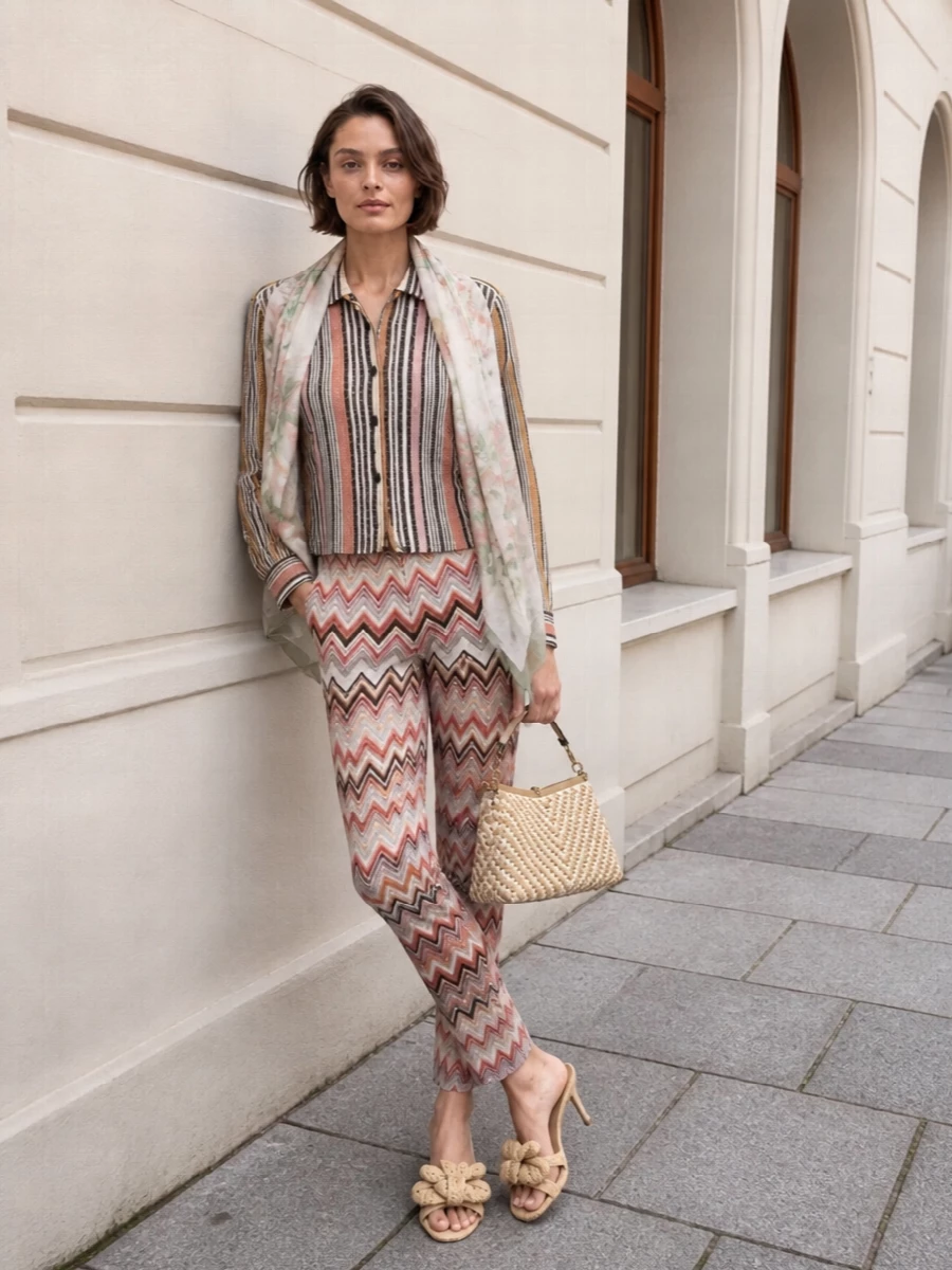 Missoni striped shirt chevron trousers outfit
