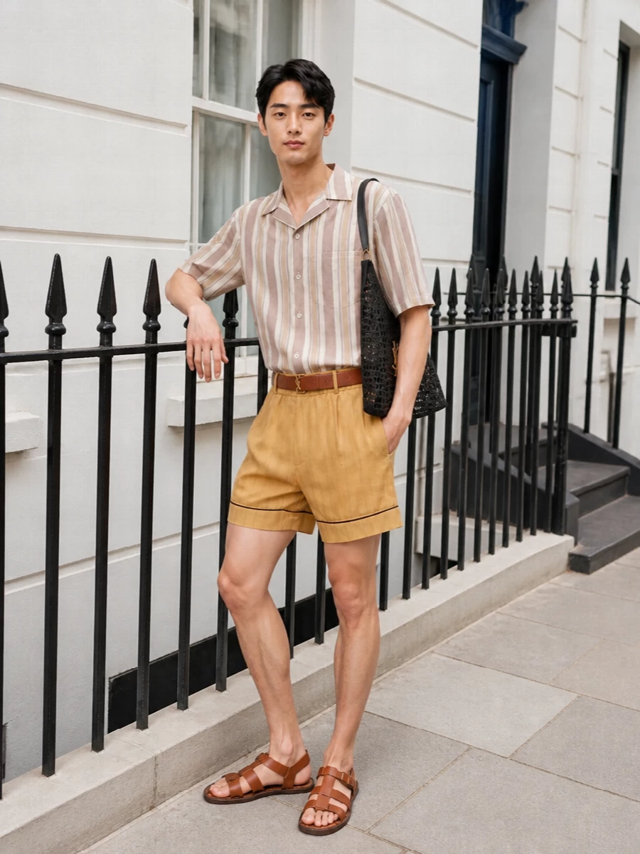 Saint laurent striped shirt tan shorts outfit