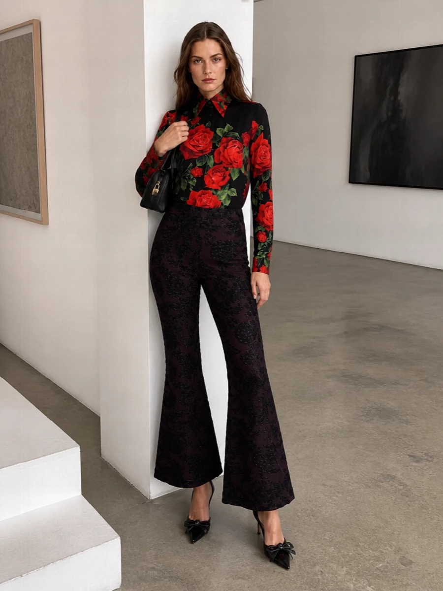 Dolce’s rose-print shirt takes center stage against the inky backdrop of Etro’s brocade flare, creating a long, tailored line that feels darkly romantic and decisively evening. Patent crystal-bow stilettos sharpen the hem and add just enough sparkle, while a compact black mini bowler keeps the finish polished and discrete so the florals do the talking. It is a strong, cinematic pairing for winter dinners, openings, and late nights in the city.