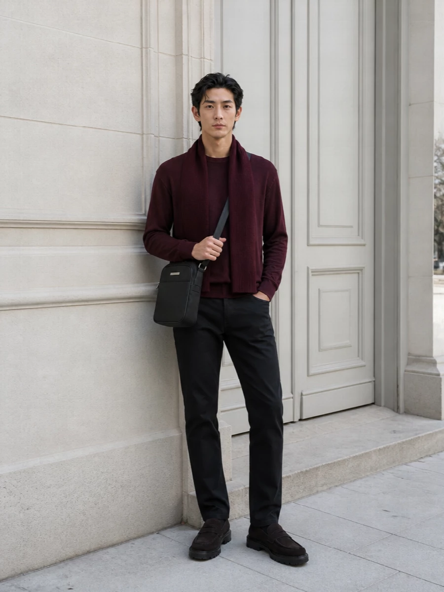 Giorgio armani burgundy sweater black jeans outfit
