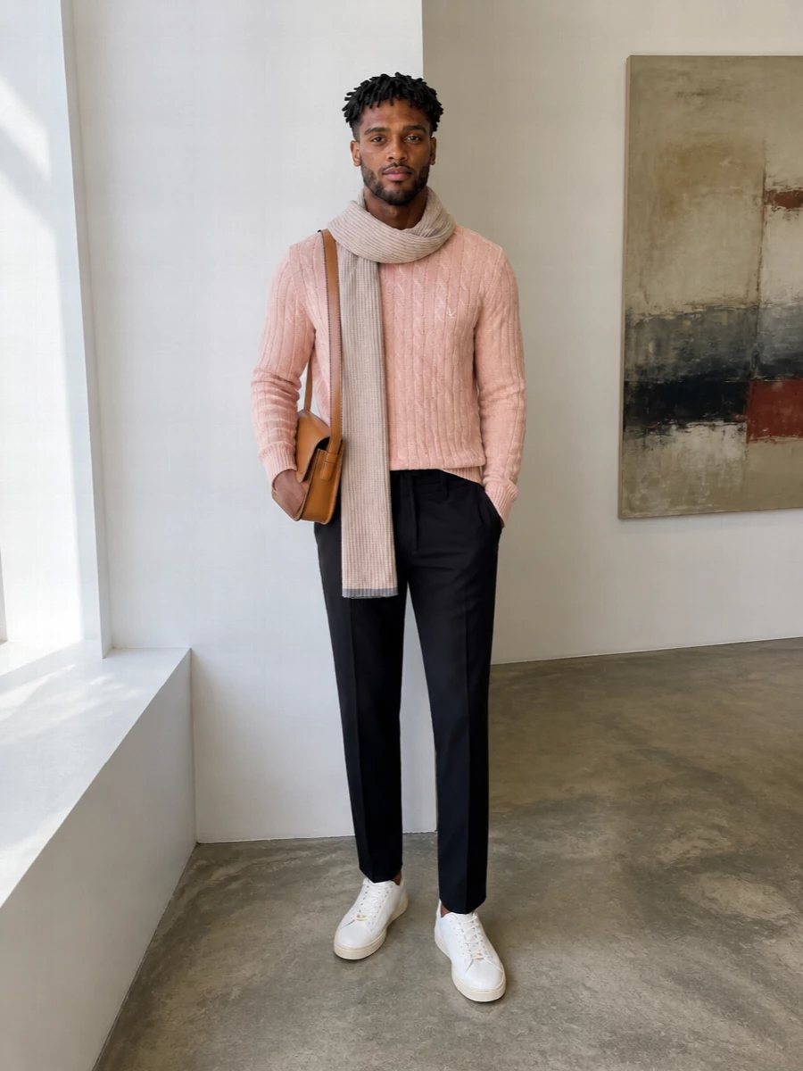 Valentino mens blush sweater black trousers outfit