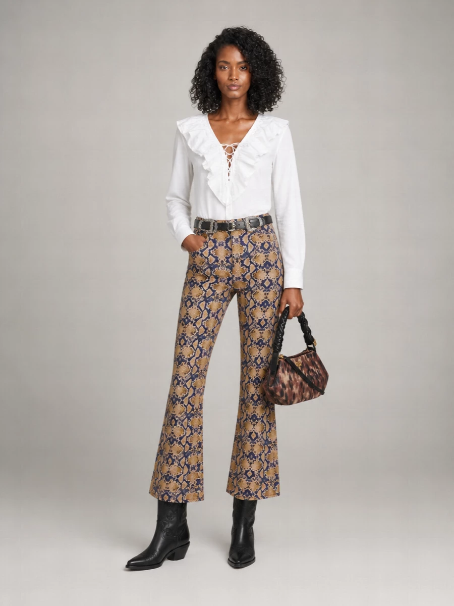Ganni Python Flared Leg All-Over Print Trousers