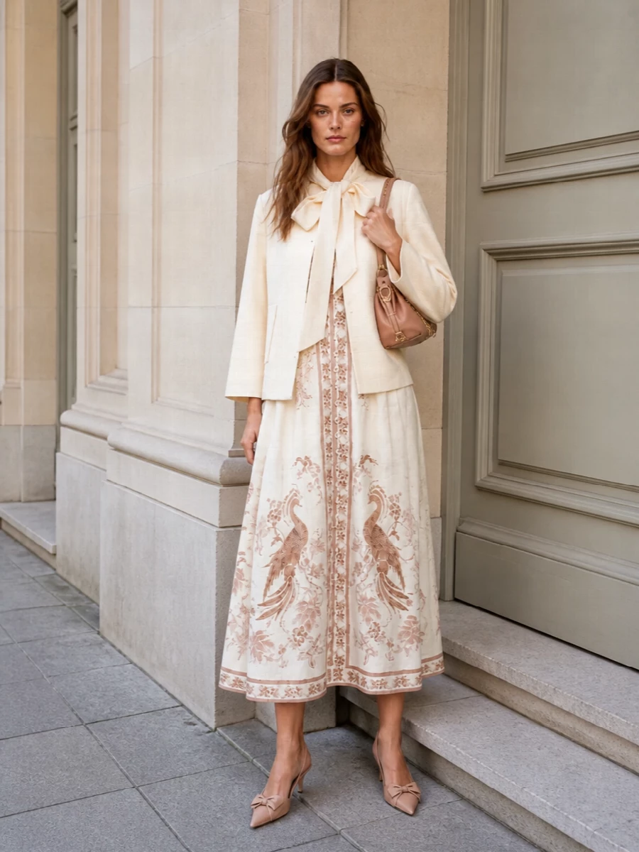 I’m anchoring this with the dress rather than separates so the Zimmermann jacket can sit over a single, fluid column of florals, keeping the bow neckline as the quiet hero. The ivory-and-blush midi dress, nude Valentino slingbacks, and soft rose mini shoulder bag stay within one gentle romantic spectrum, reading polished enough for daytime occasions yet easily carrying into dinner. The result is a cohesive, quietly luxurious ensemble where proportion and palette feel soft, elongated, and intentional around that bow-tied cream jacket.