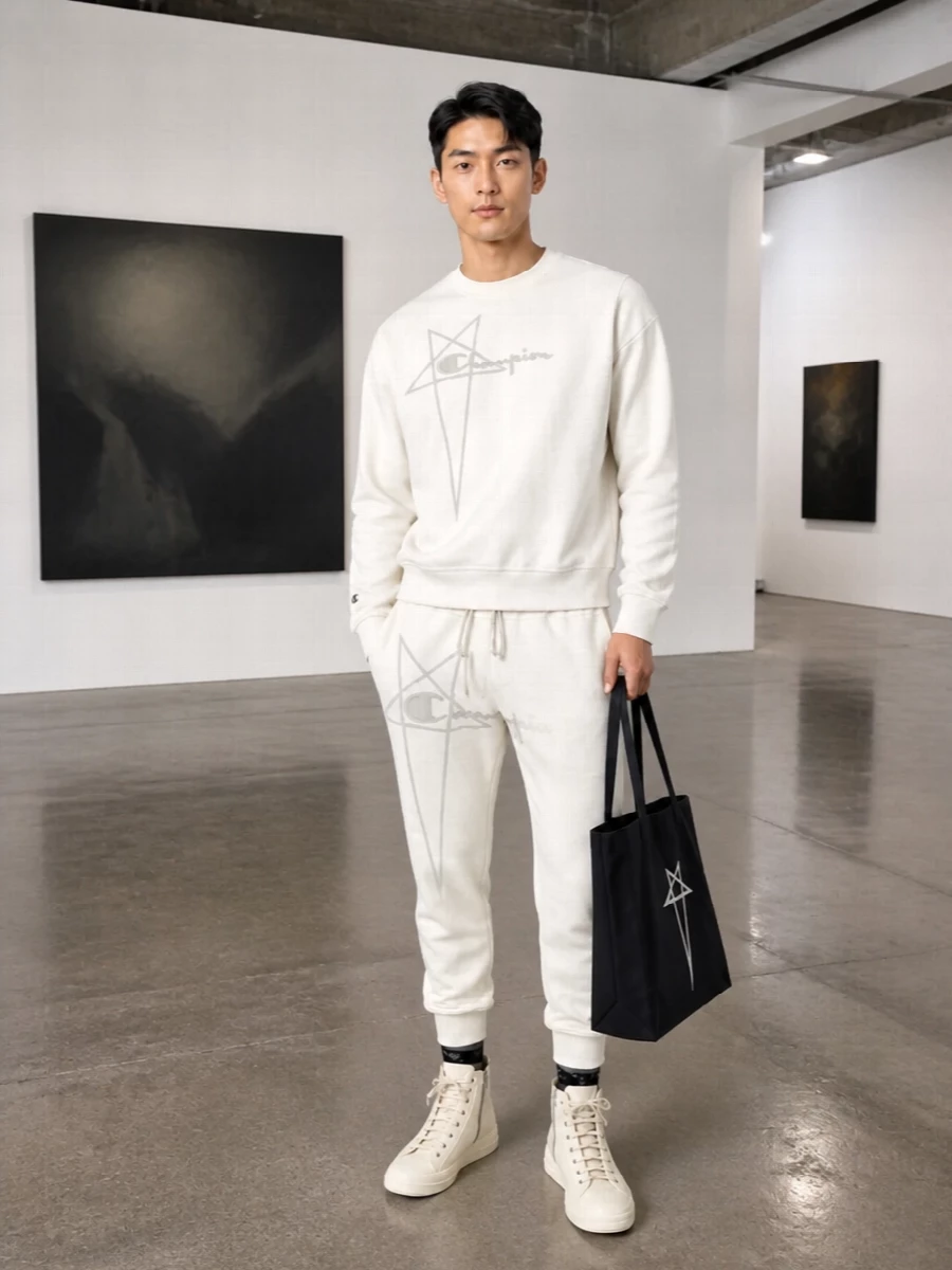 Rick owens off white sweatshirt outfit high tops