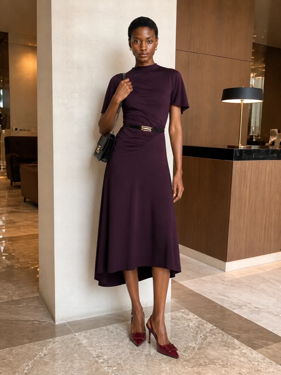 Victoria beckham plum midi dress burgundy heels
